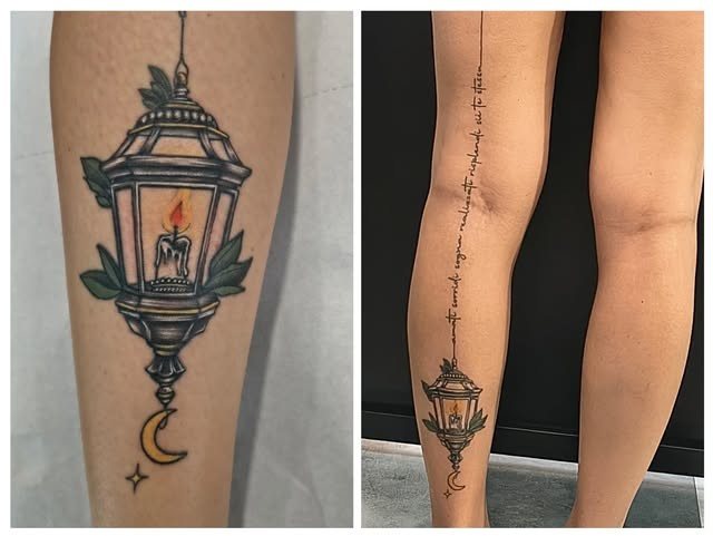 Tatuaggio neo-tradizionale a colori, lanterna e luna